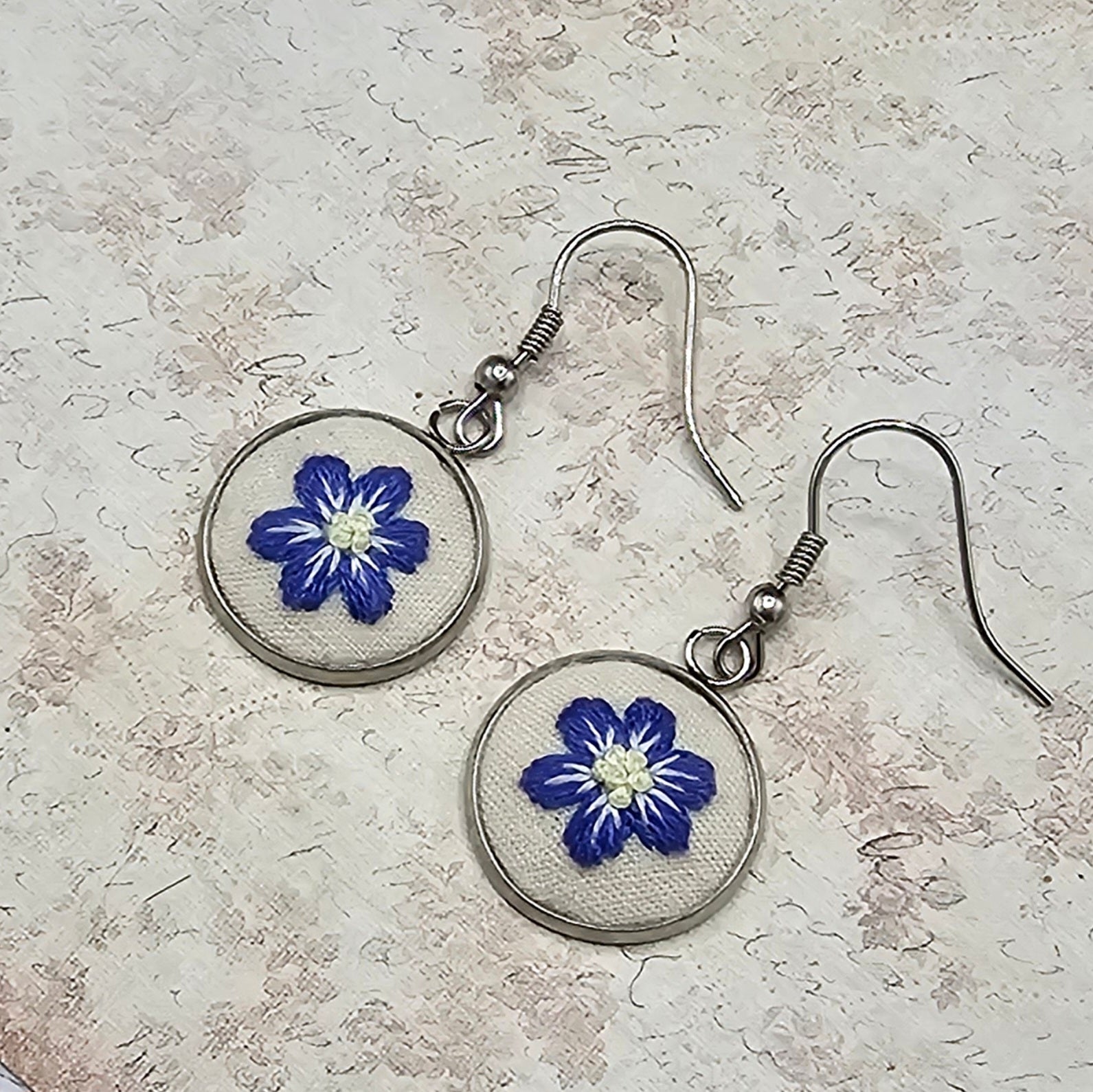 Flower Earrings - Purple/Yellow - Silver - Hand Embroidery