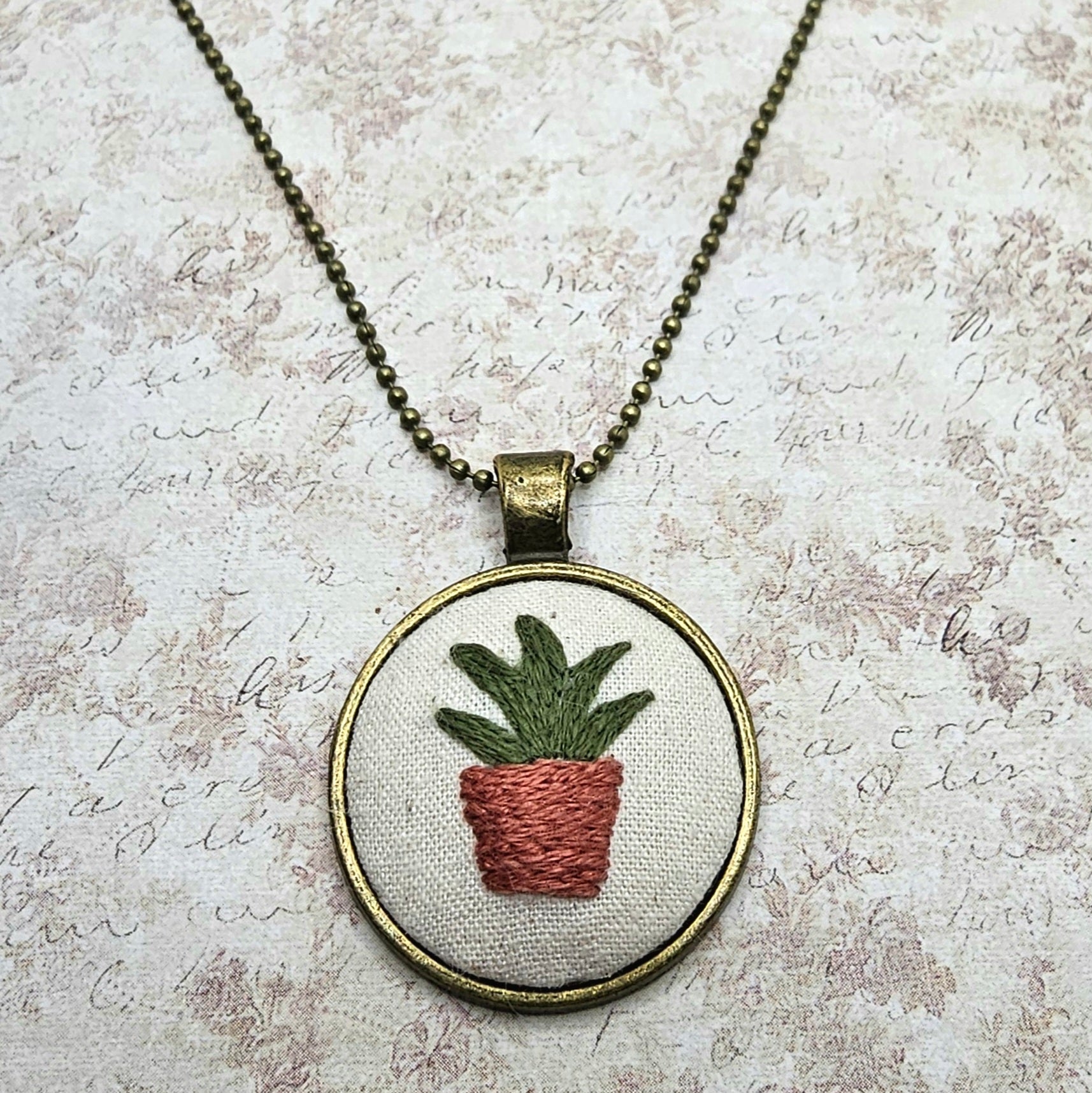 Plant Necklace -Brass- Hand Embroidery