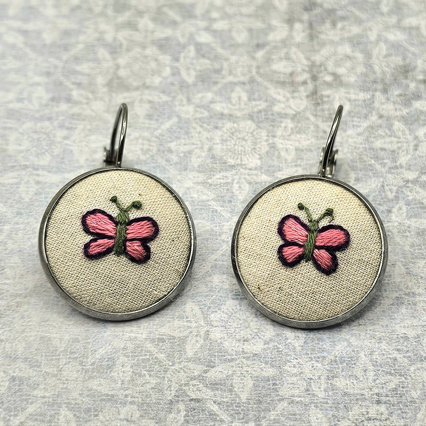 Butterfly Earrings Purple/Pink - Silver - Hand Embroidery