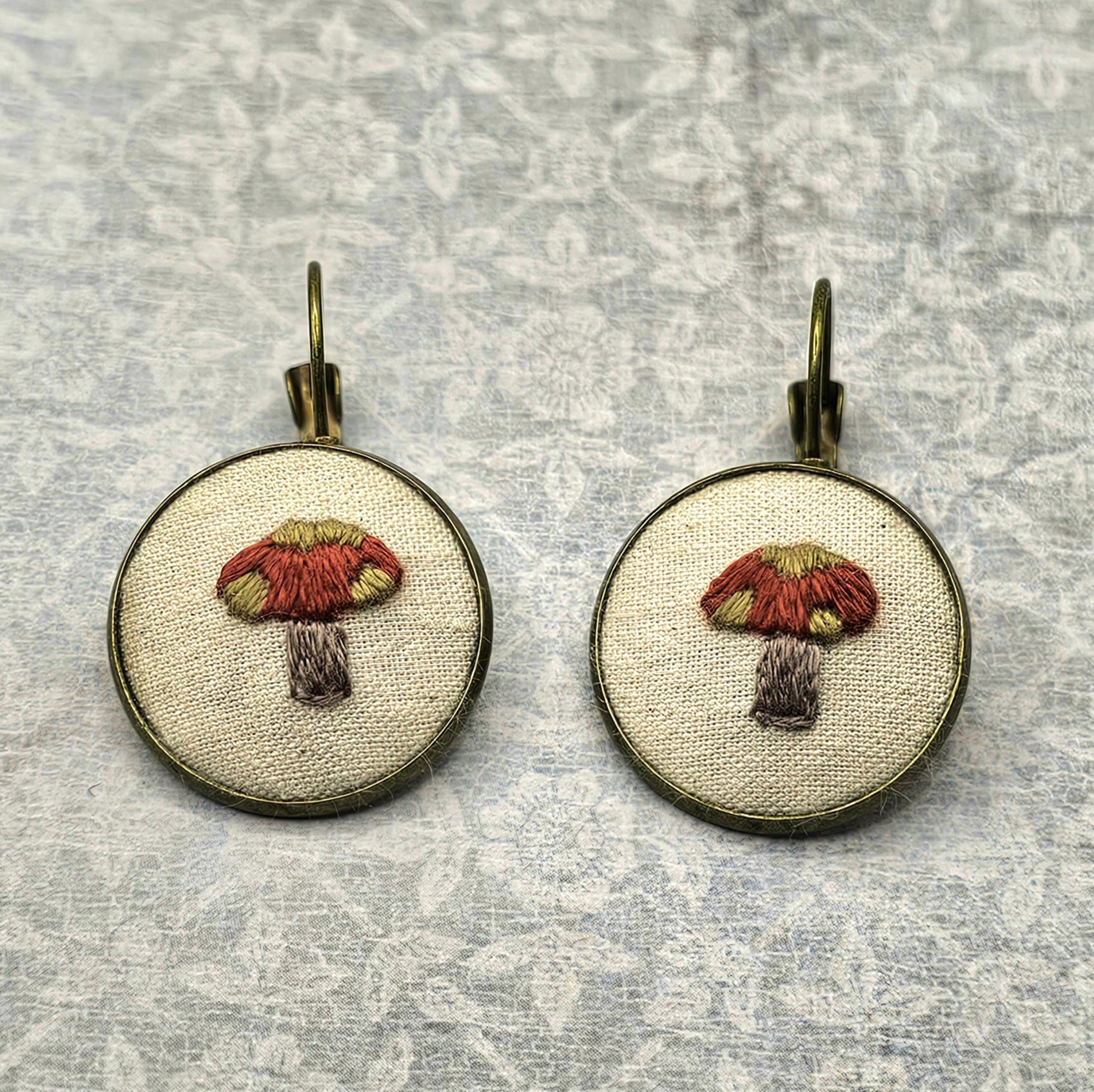 Mushroom Earrings - Brass - Hand Embroidery