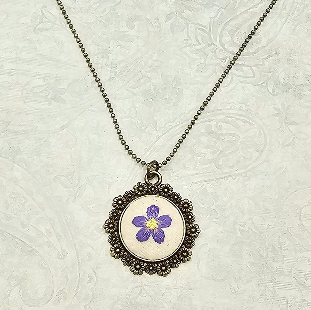 Purple/Yellow Flower Necklace - Brass - Hand Embroidery