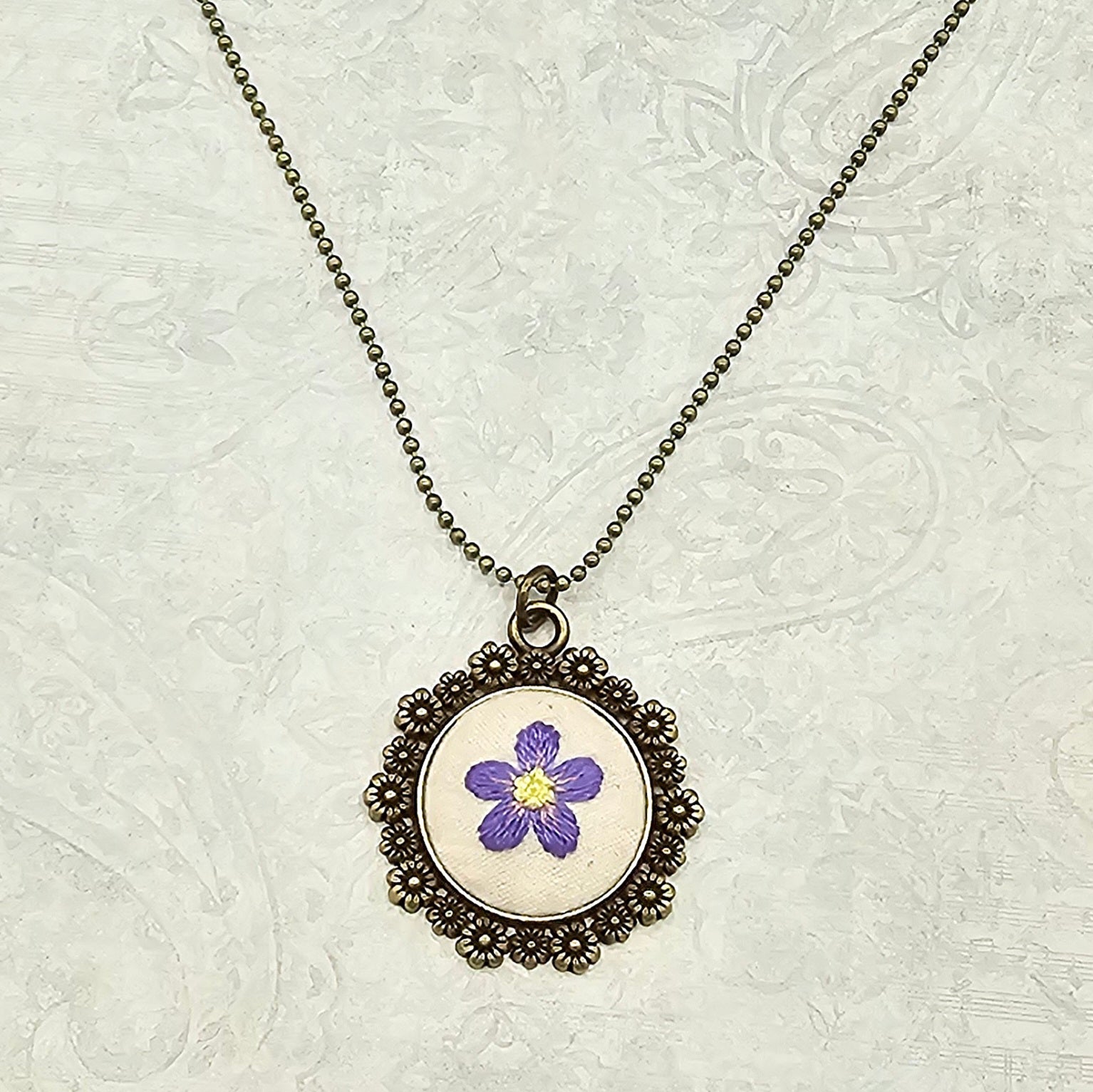 Purple/Yellow Flower Necklace - Brass - Hand Embroidery
