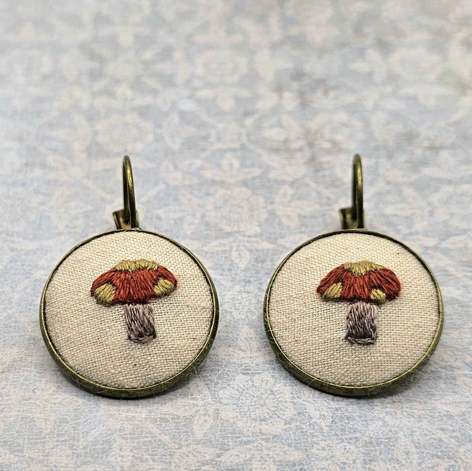 Mushroom Earrings - Brass - Hand Embroidery