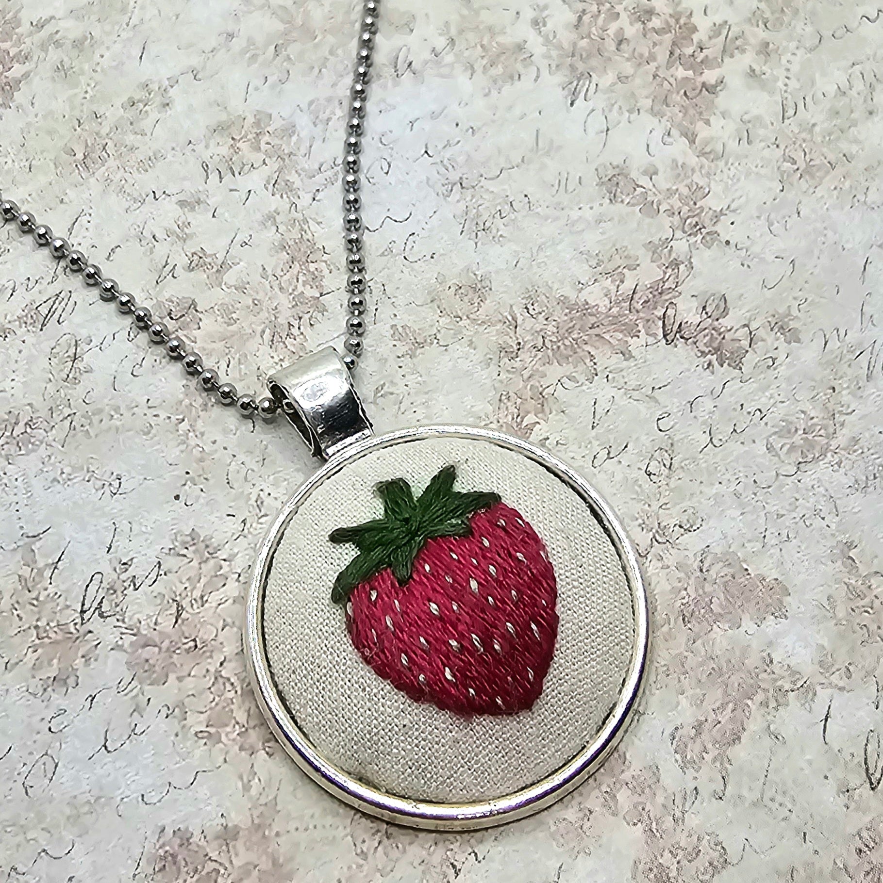 Strawberry Necklace - Silver - Hand Embroidery