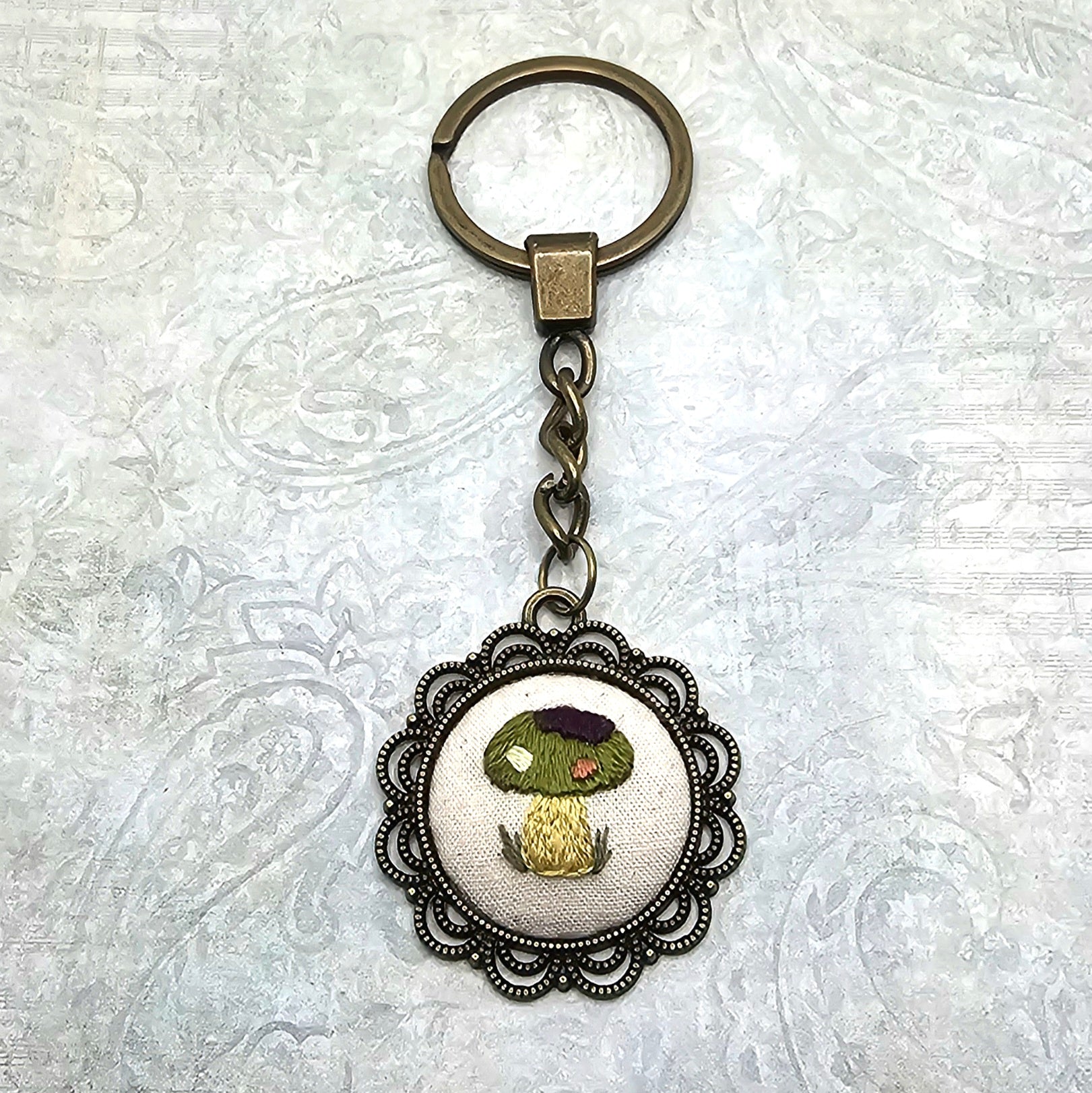 Mushroom Keychain - Brass - Hand Embroidery
