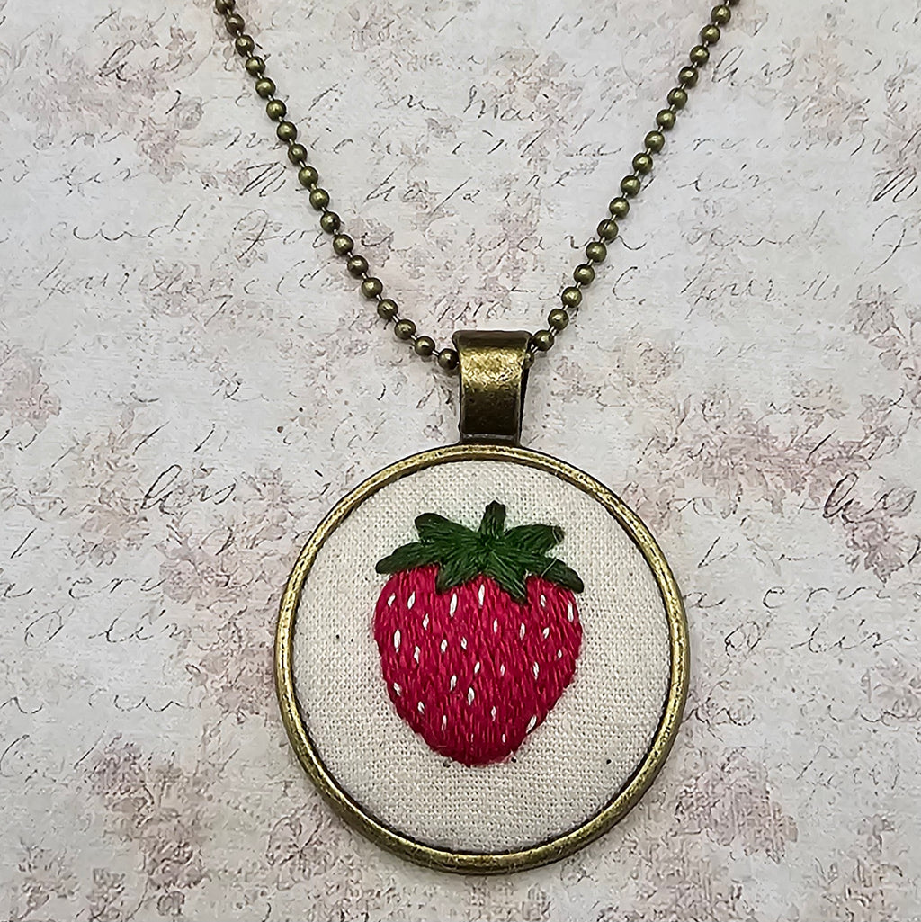 Strawberry Necklace - Brass - Hand Embroidery