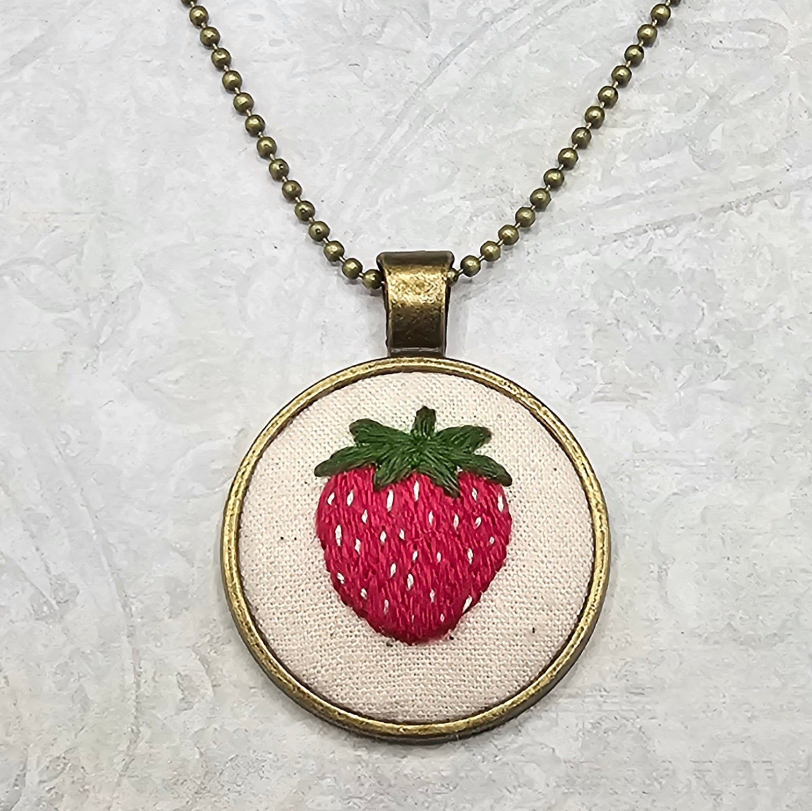 Strawberry Necklace - Brass - Hand Embroidery