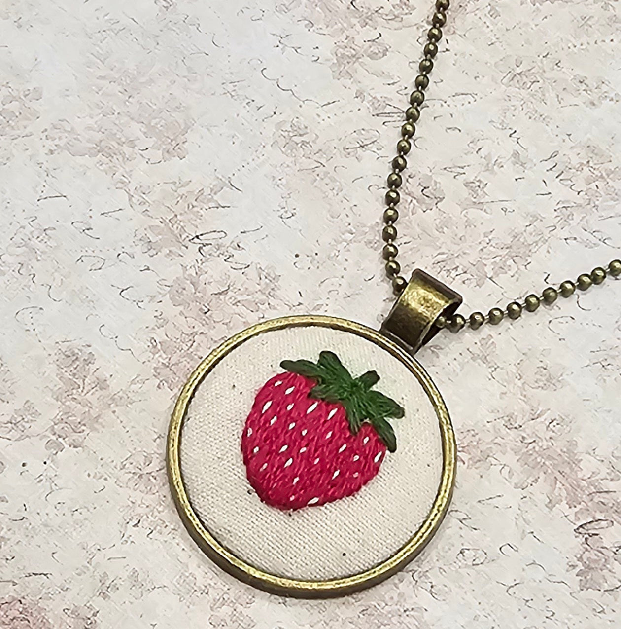 Strawberry Necklace - Brass - Hand Embroidery