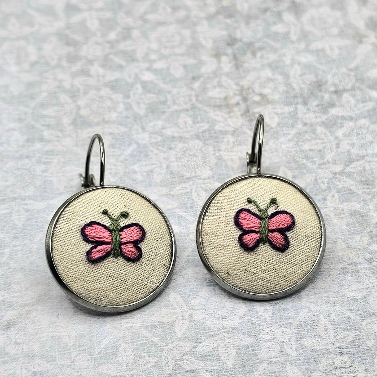 Butterfly Earrings Purple/Pink - Silver - Hand Embroidery