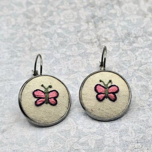 Butterfly Earrings Purple/Pink - Silver - Hand Embroidery