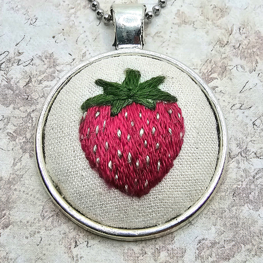 Strawberry Necklace - Silver - Hand Embroidery
