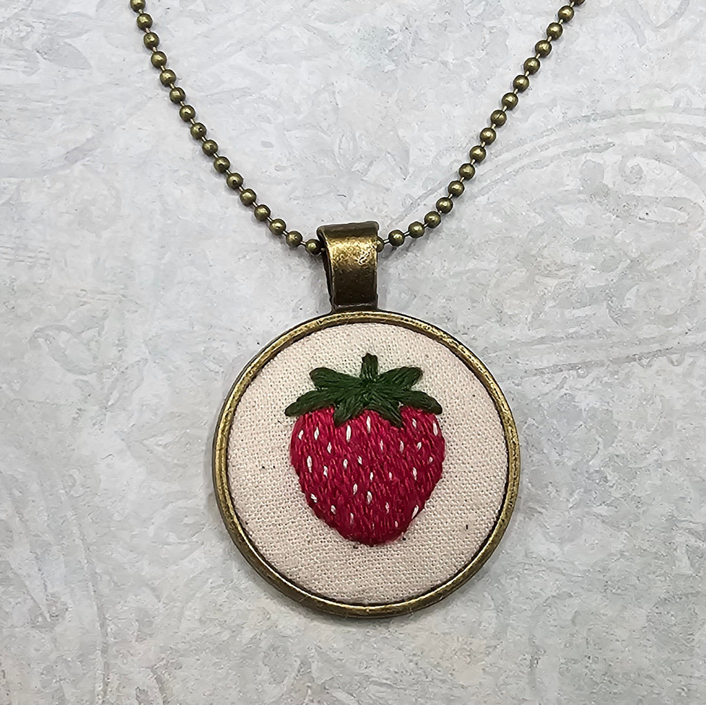 Strawberry Necklace - Brass - Hand Embroidery
