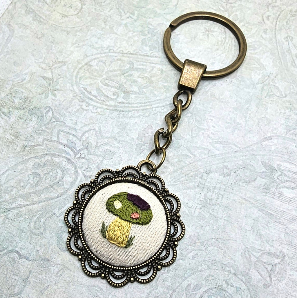 Mushroom Keychain - Brass - Hand Embroidery