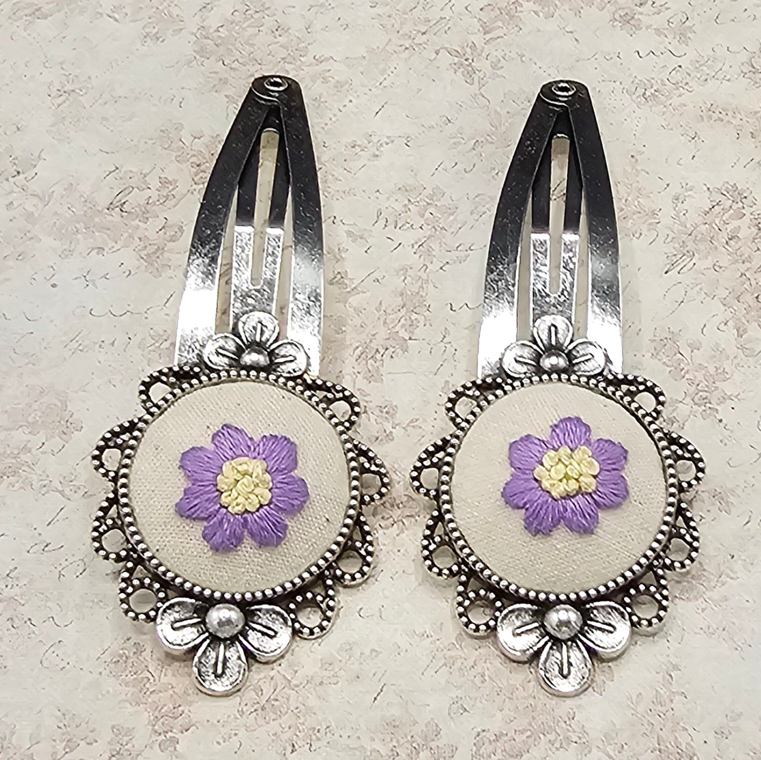 Flower Barrettes - Lavender/Yellow - Silver - Hand Embroidery