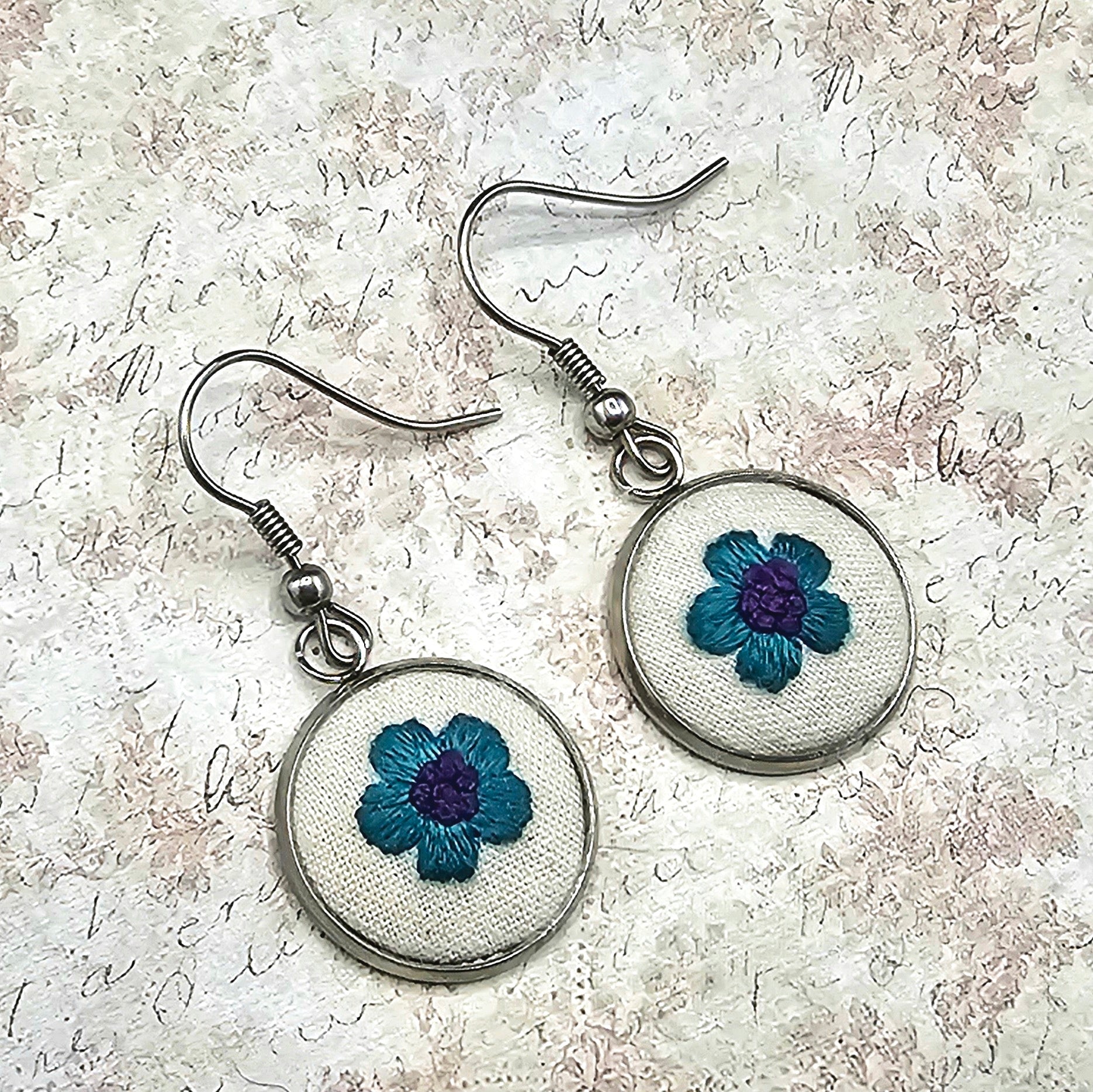 Flower Earrings - Teal/Purple - Silver - Hand Embroidery