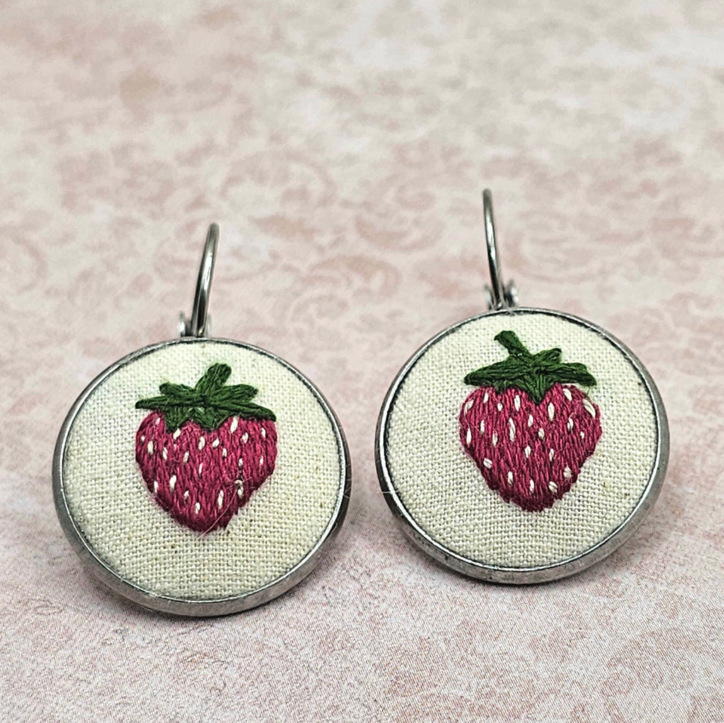 Strawberry Earrings - Silver - Hand Embroidery