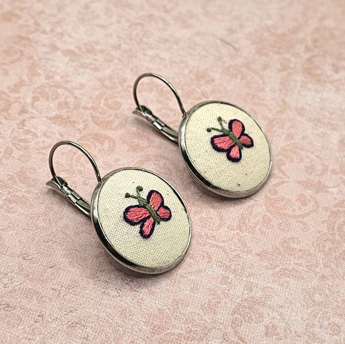 Butterfly Earrings Purple/Pink - Silver - Hand Embroidery