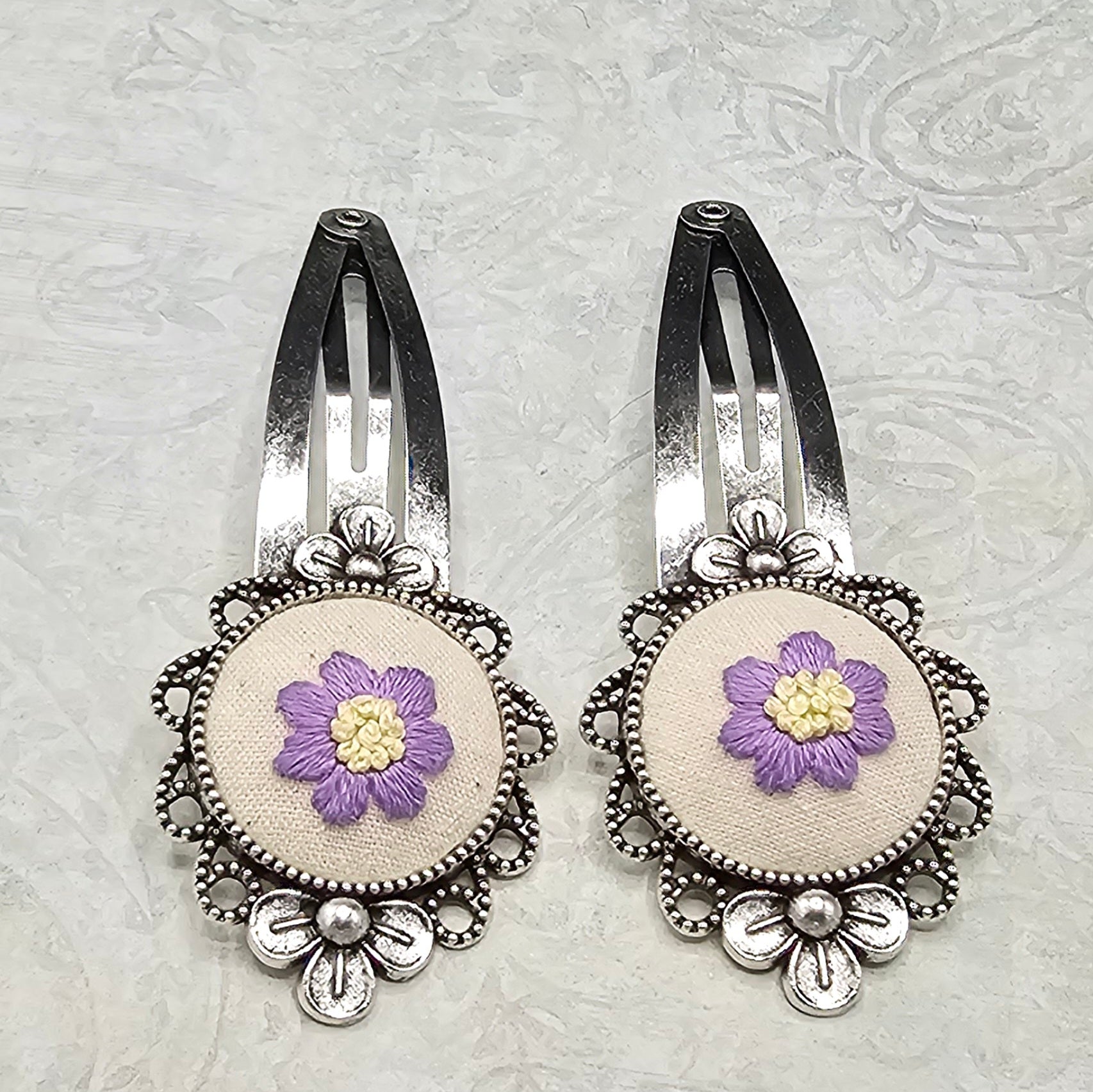 Flower Barrettes - Lavender/Yellow - Silver - Hand Embroidery