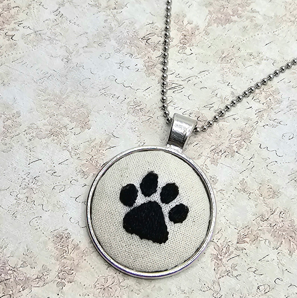 Paw Print Necklace - Silver - Hand Embroidery