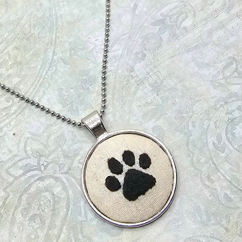 Paw Print Necklace - Silver - Hand Embroidery