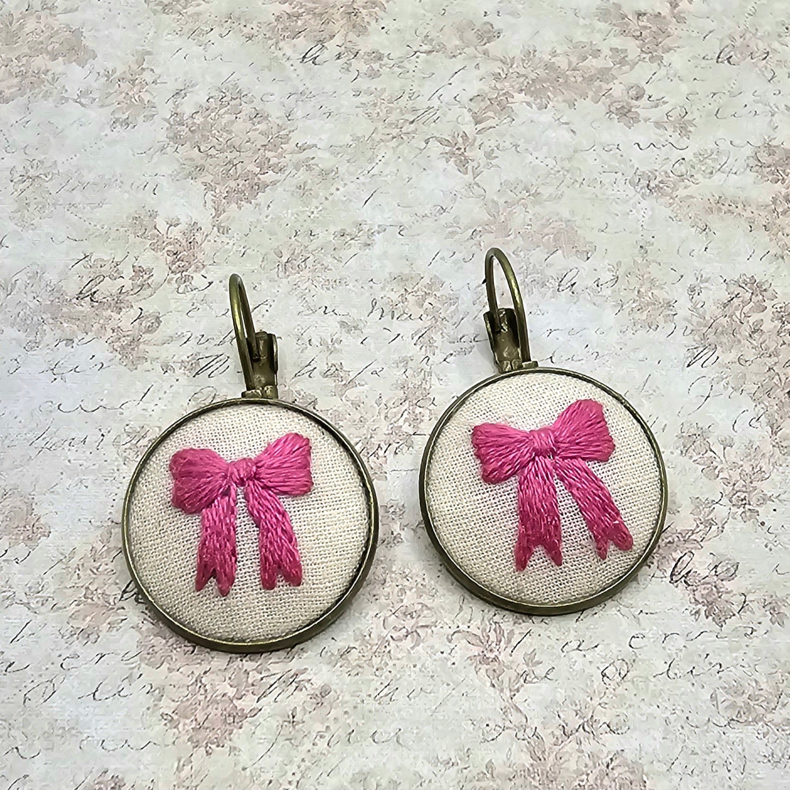 Pink Bow - Brass - Earrings - Hand Embroidery