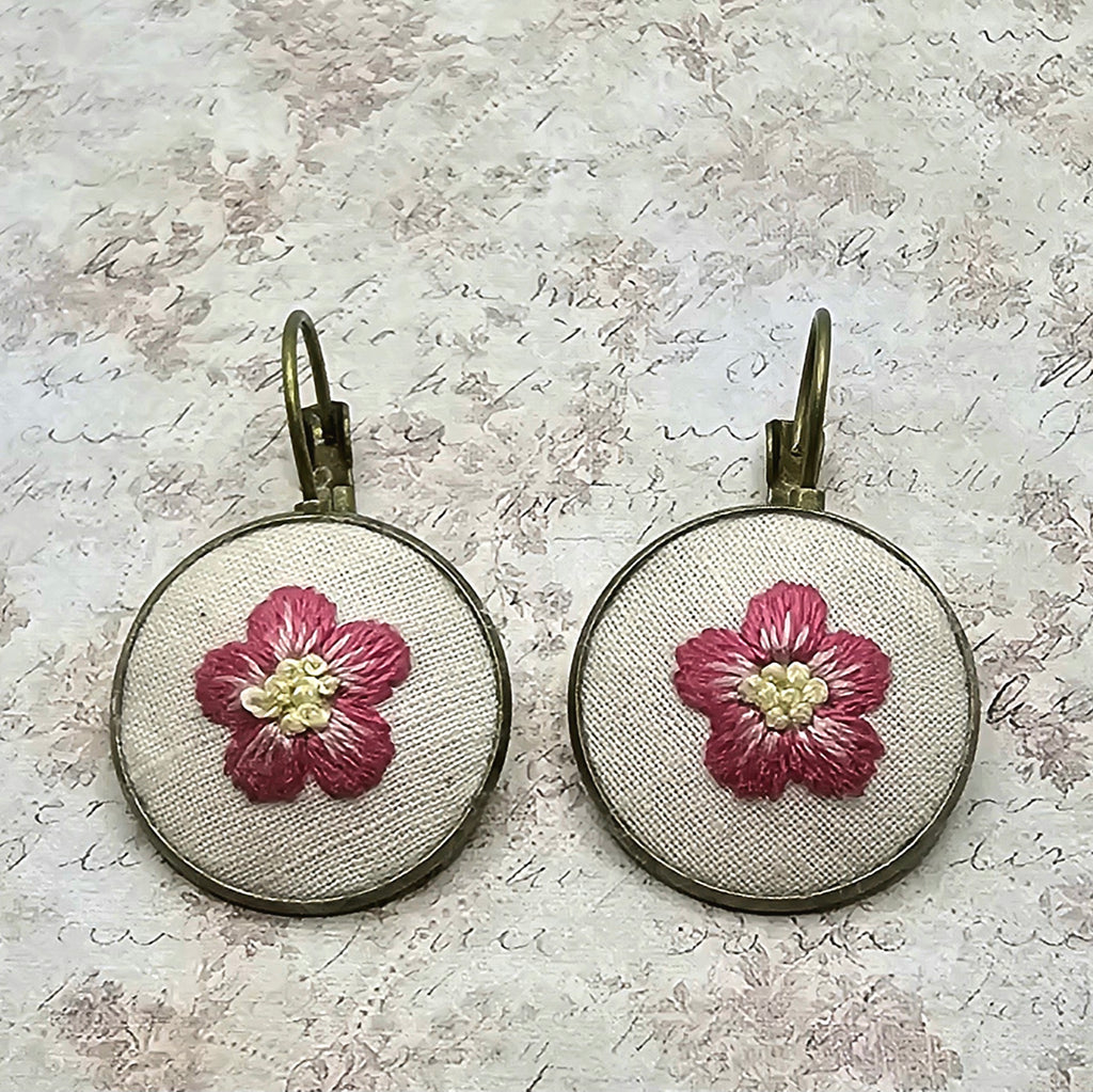 Pink/Yellow Flower Earrings - Brass - Hand Embroidery