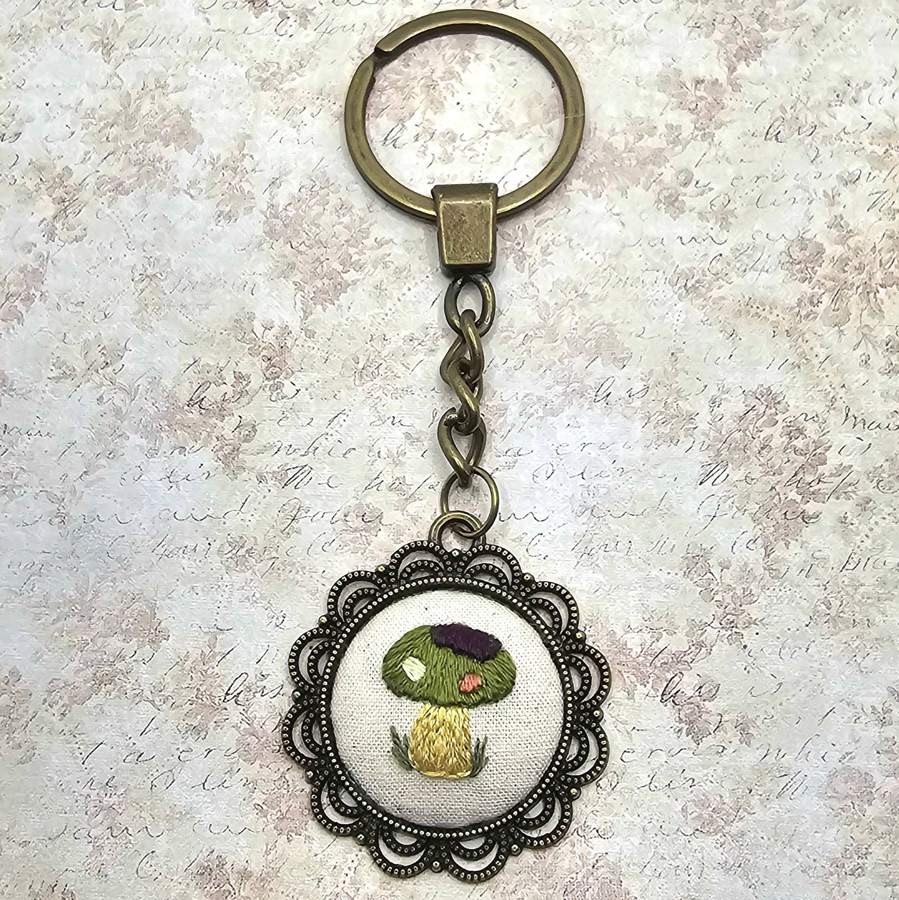 Mushroom Keychain - Brass - Hand Embroidery