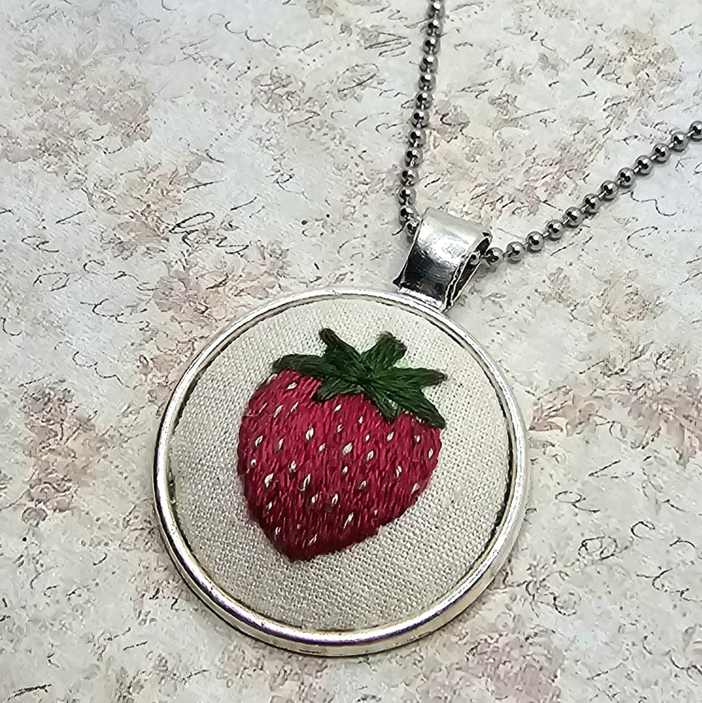 Strawberry Necklace - Silver - Hand Embroidery