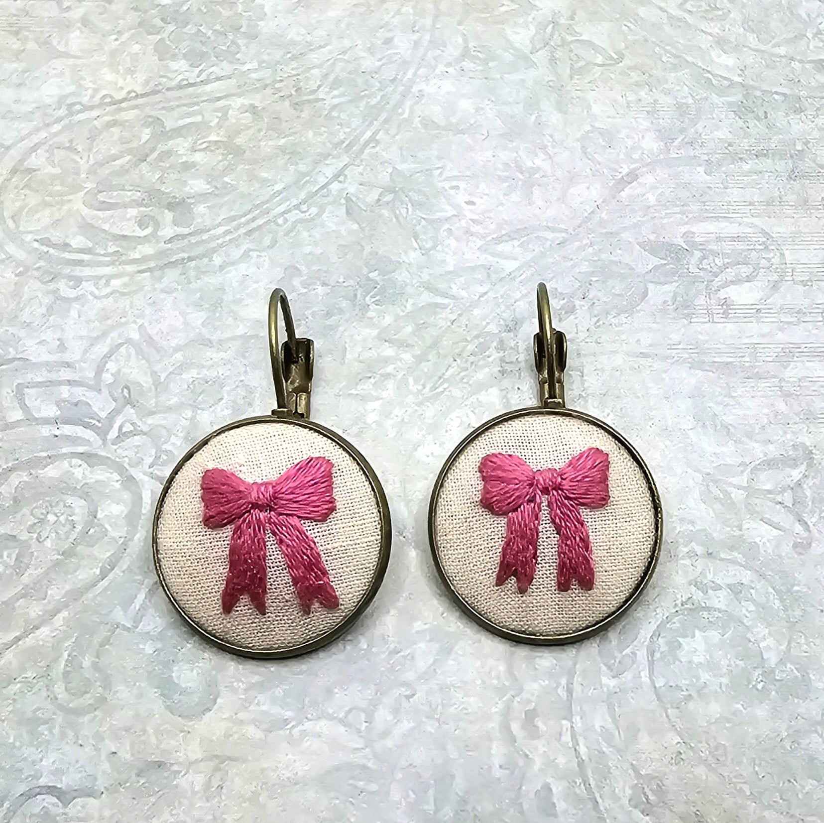 Pink Bow - Brass - Earrings - Hand Embroidery
