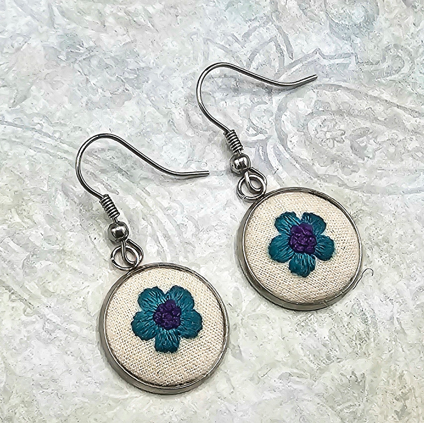 Flower Earrings - Teal/Purple - Silver - Hand Embroidery