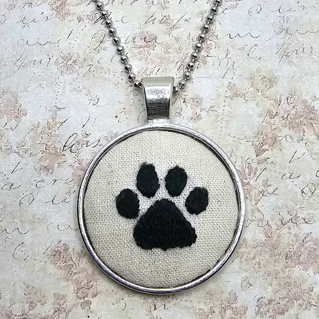 Paw Print Necklace - Silver - Hand Embroidery