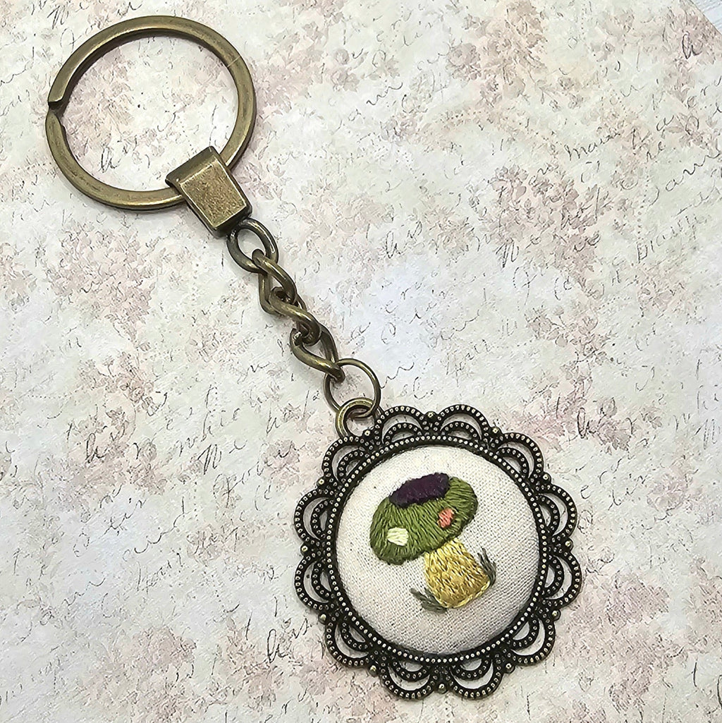 Mushroom Keychain - Brass - Hand Embroidery