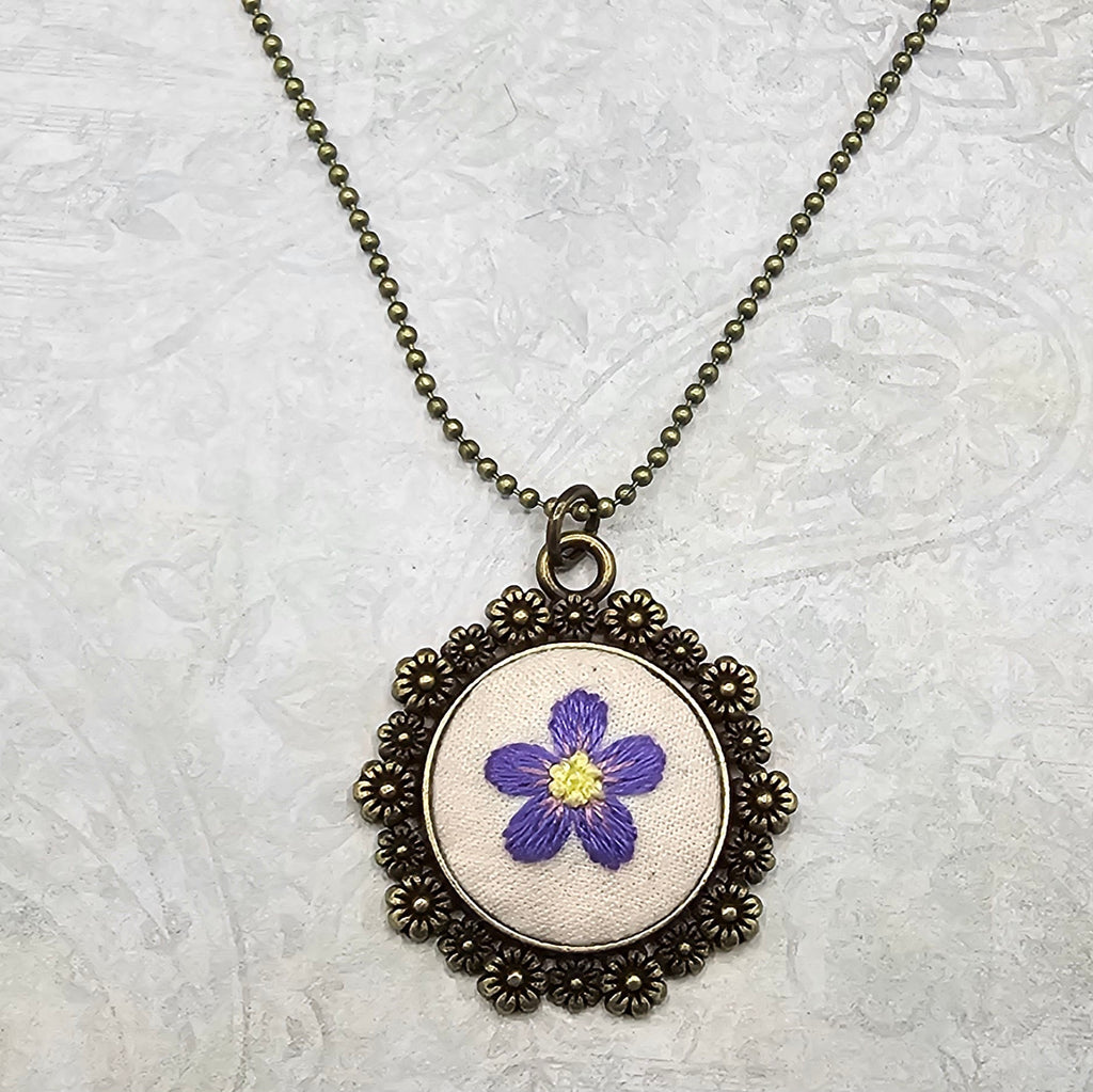 Purple/Yellow Flower Necklace - Brass - Hand Embroidery