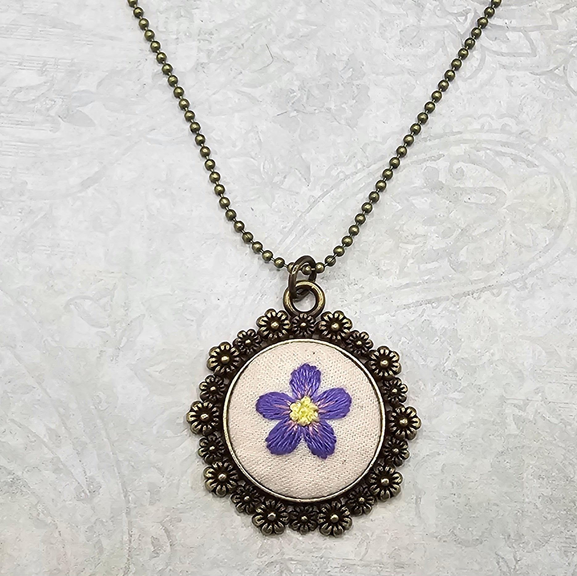 Purple/Yellow Flower Necklace - Brass - Hand Embroidery