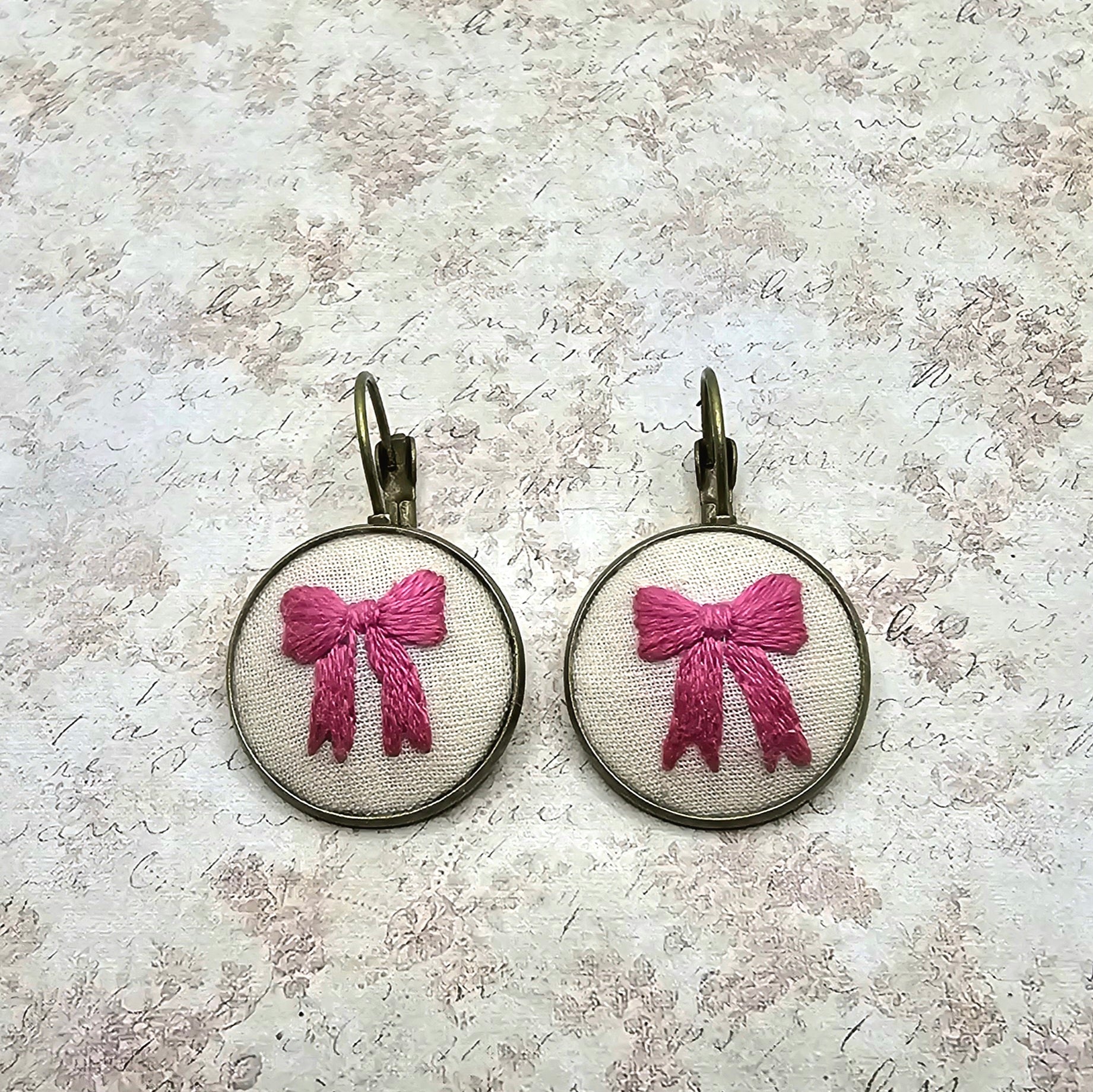Pink Bow - Brass - Earrings - Hand Embroidery