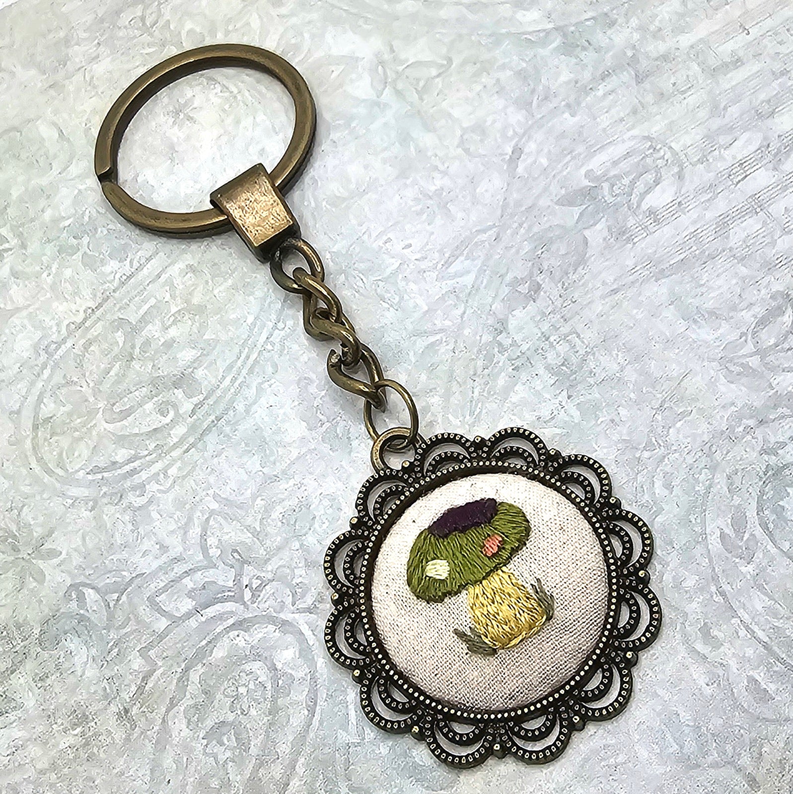 Mushroom Keychain - Brass - Hand Embroidery