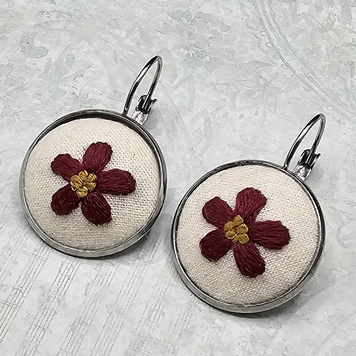 Burgundy Flower Silver Earrings
