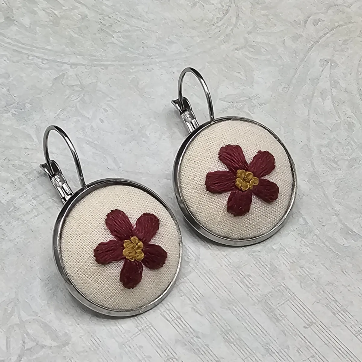Burgundy Flower Silver Earrings view 2