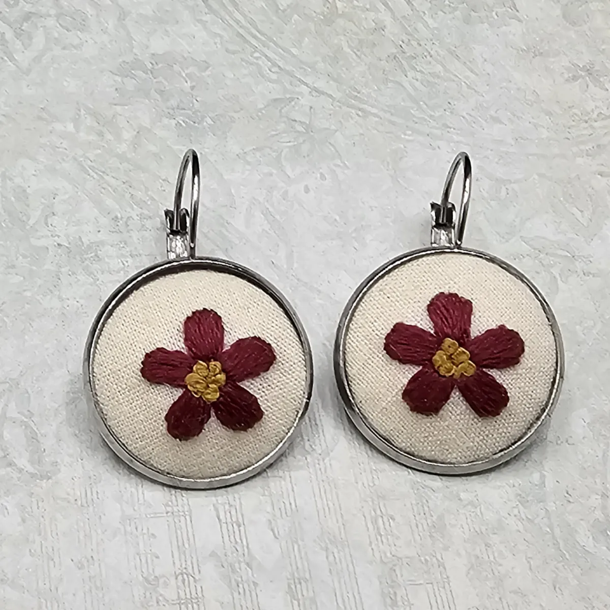 Burgundy Flower Silver Earrings view 3