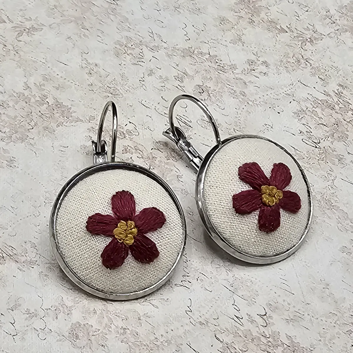 Burgundy Flower Silver Earrings view 4