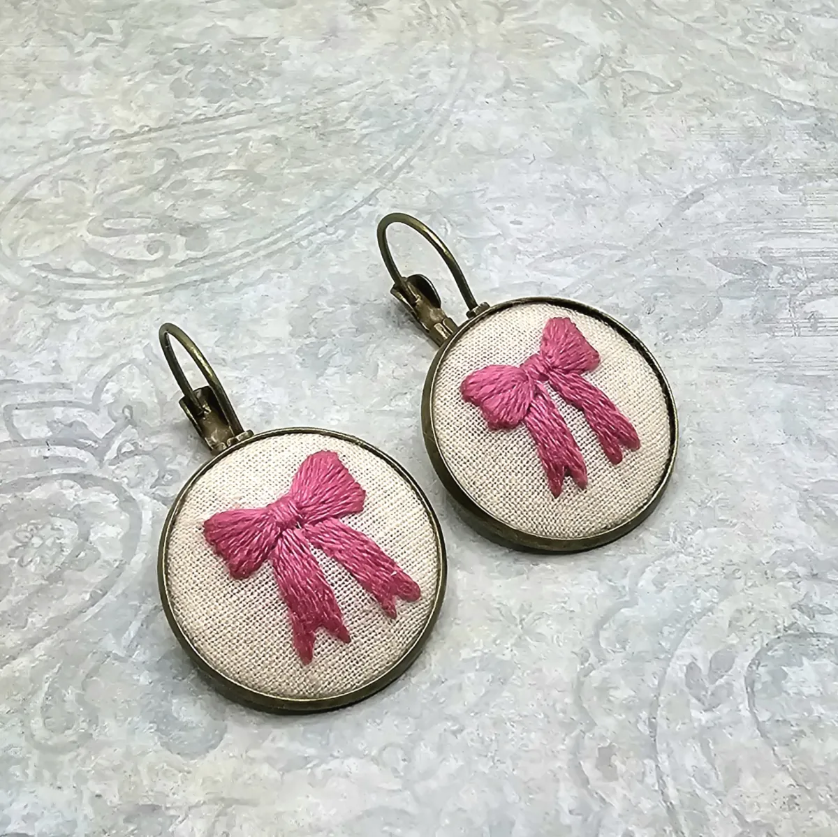 Pink Bow Brass Earrings view 1