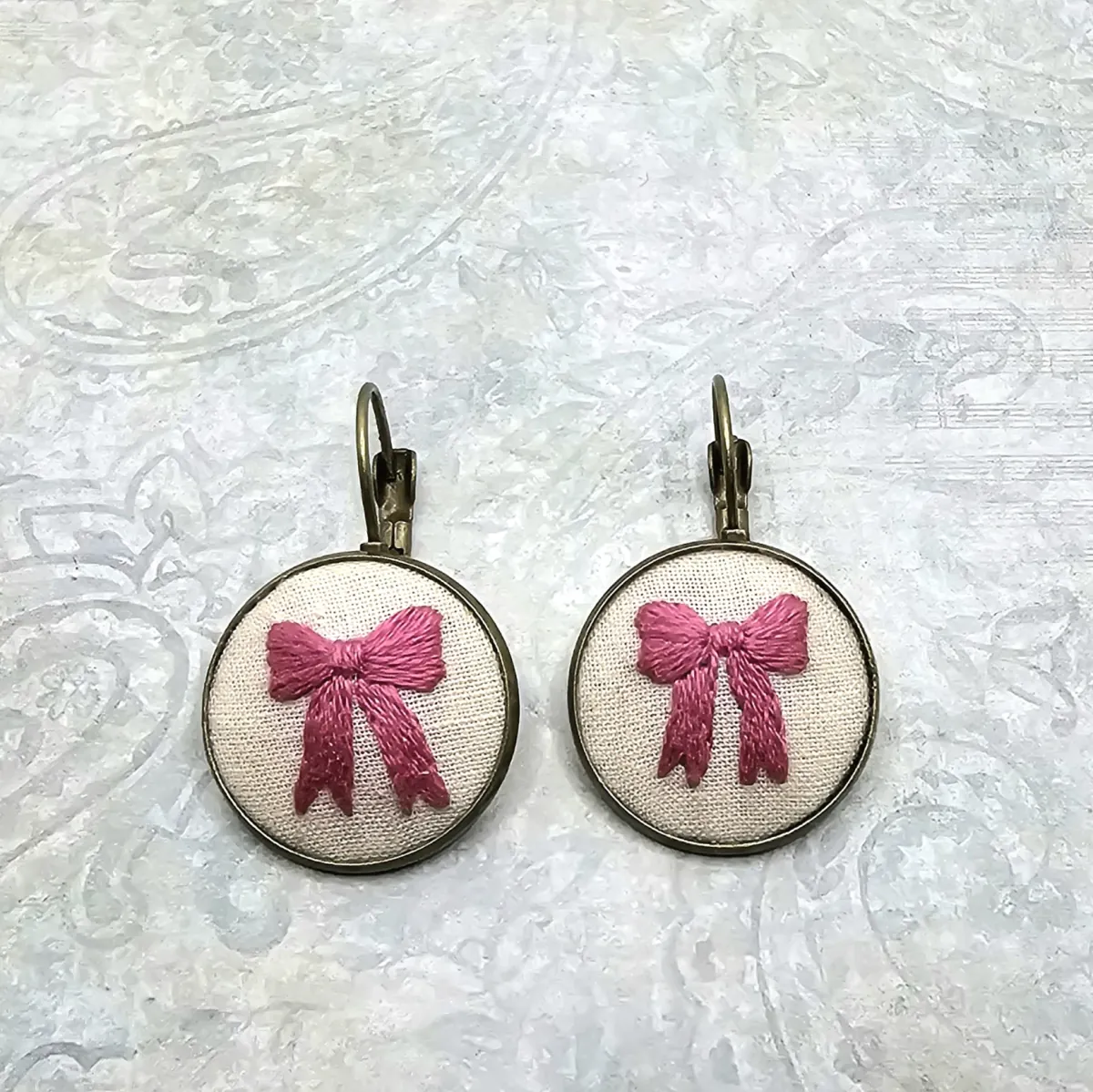 Pink Bow Brass Earrings view 3