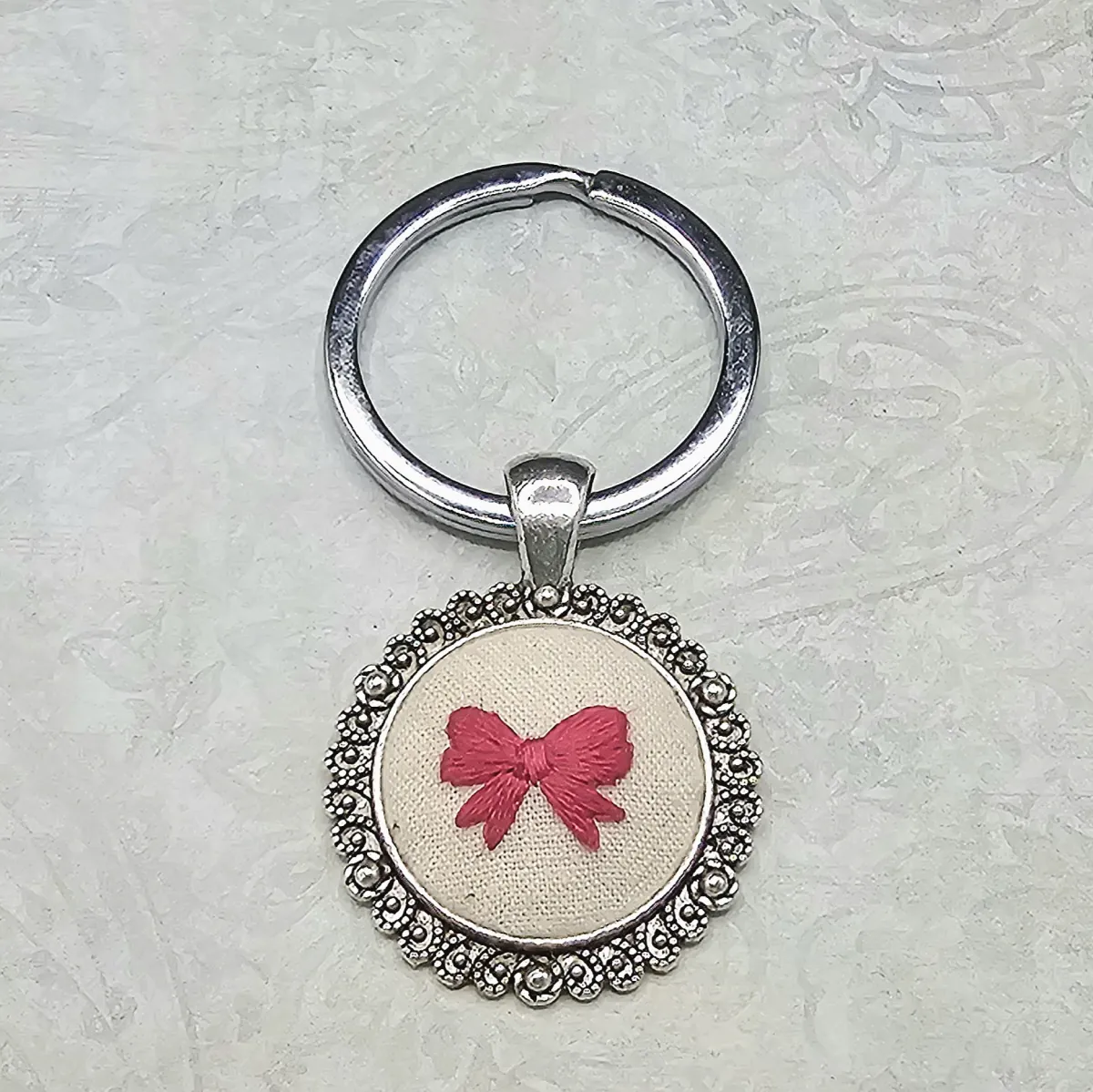 Pink Bow Silver Keychain