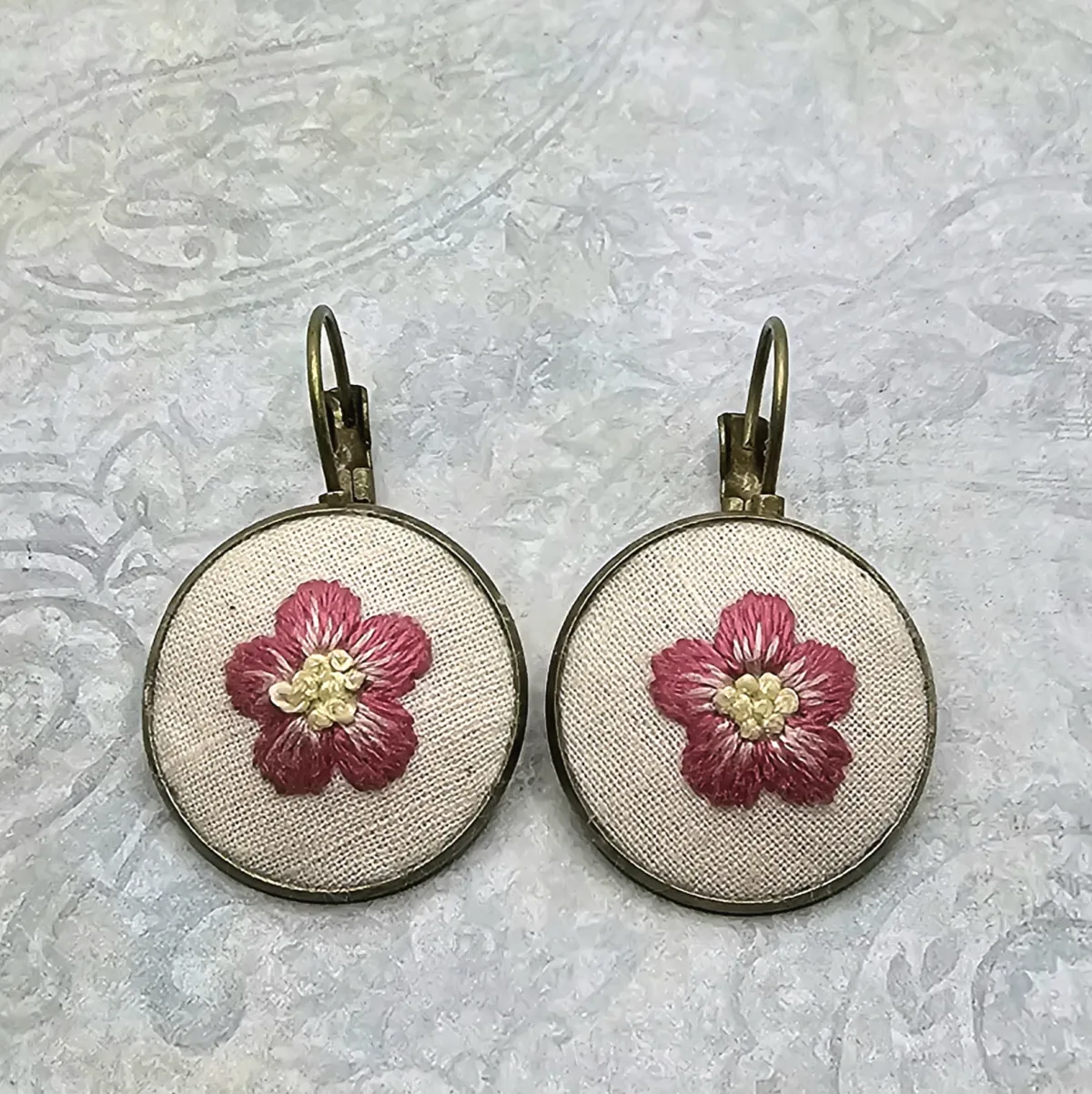 Pink and Yellow Brass Earrings view 2